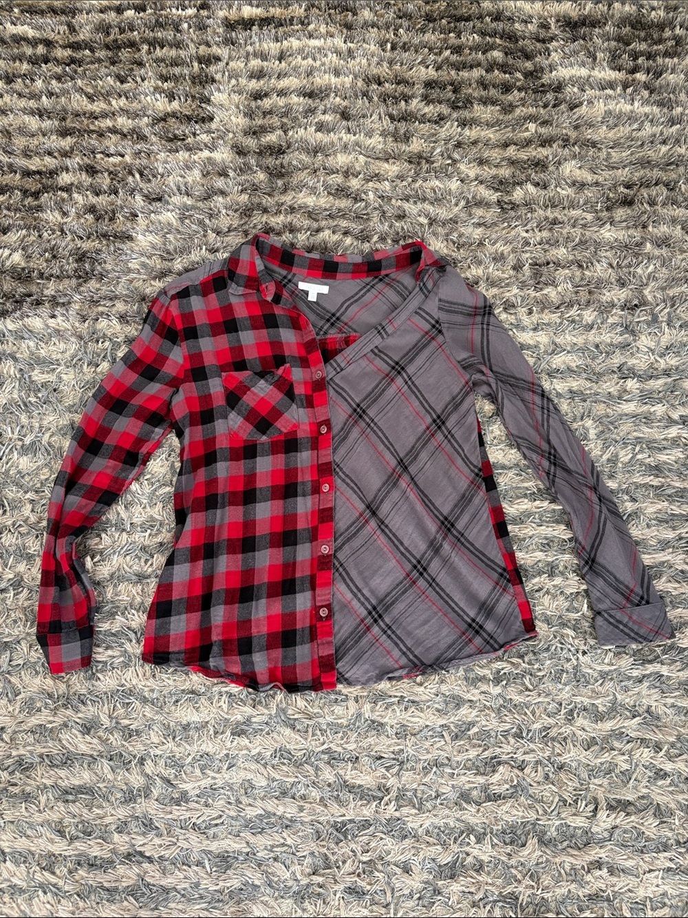 Abound Asymmetrical Cold Shoulder Mixed Plaid Cotton Blend Flannel Shirt Red XXS